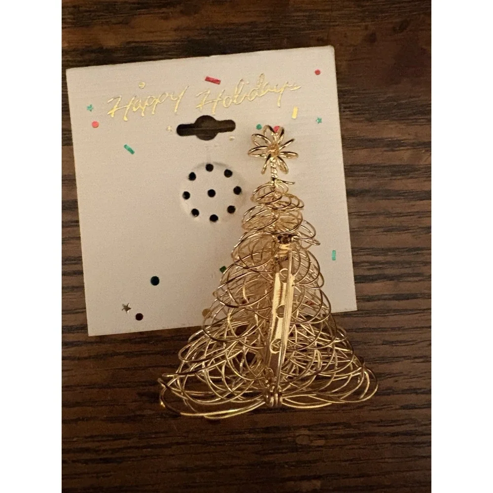 Vintage gold-tone Spaghetti wire Christmas tree brooch w/ rhinestone Ornaments